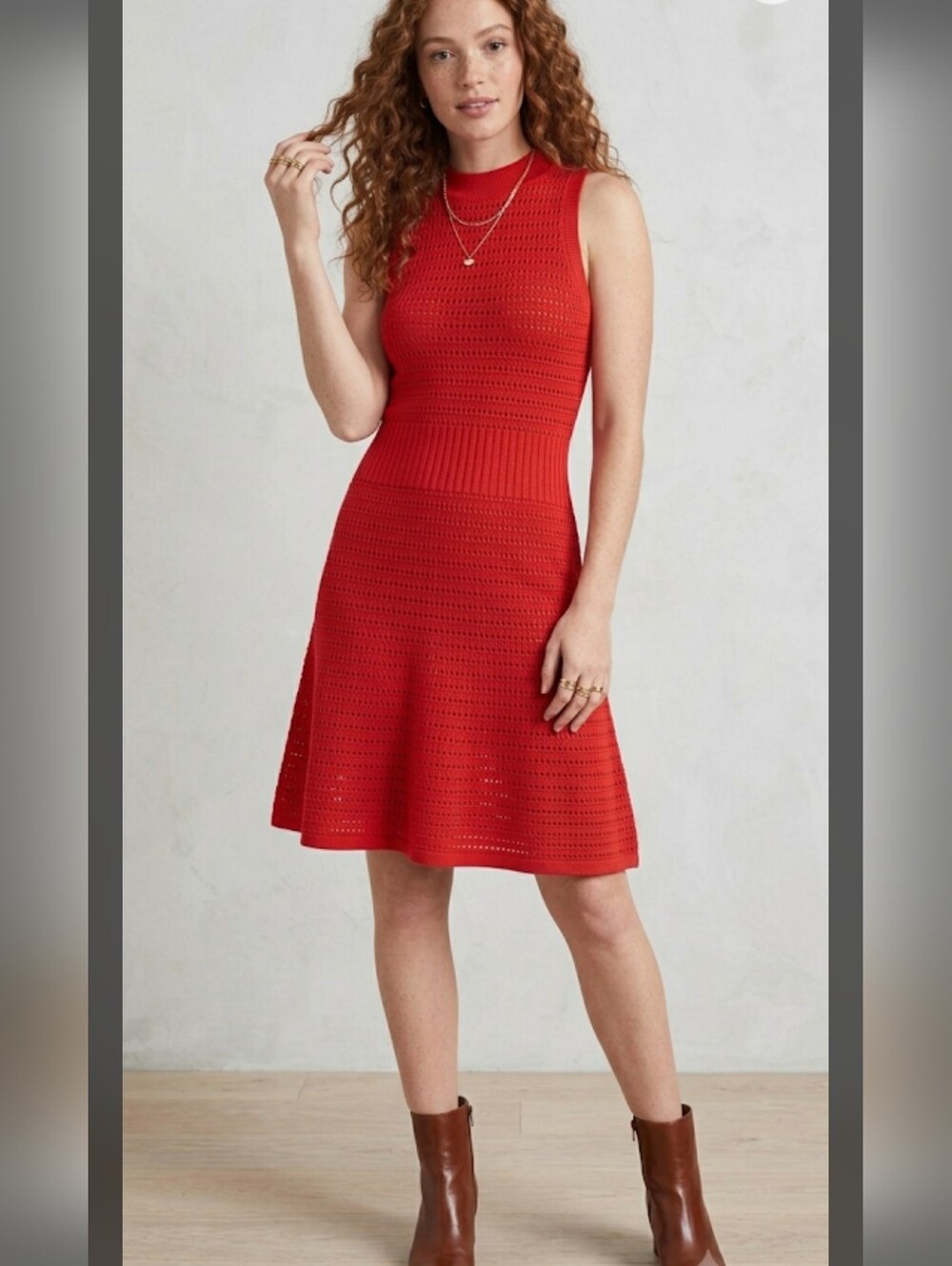 & Other Stories Paris Atelier Red Pointelle Knit Dress Mock Neck XS